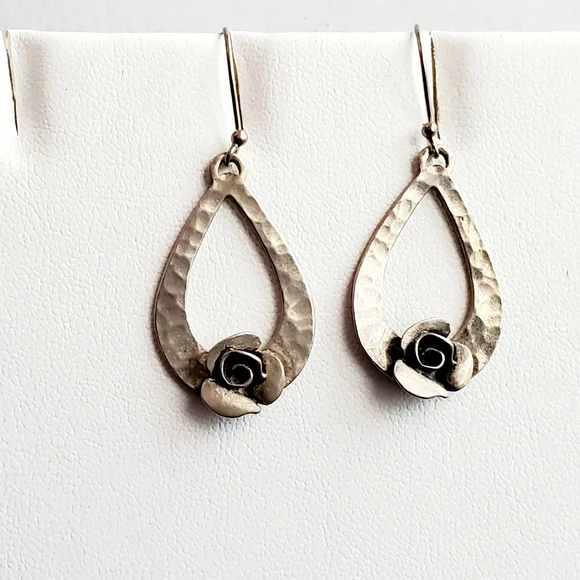 RL Israel Matte Sterling Hammered Teardrop Earrings with Roses - Picture 5 of 8